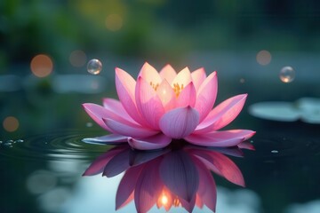 Serene Pink Water Lily Reflecting on Still Water, Illuminated from Within, Bubbles Gently Floating