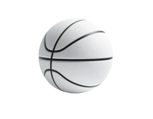 A white basketball with black lines sits isolated against a stark black background