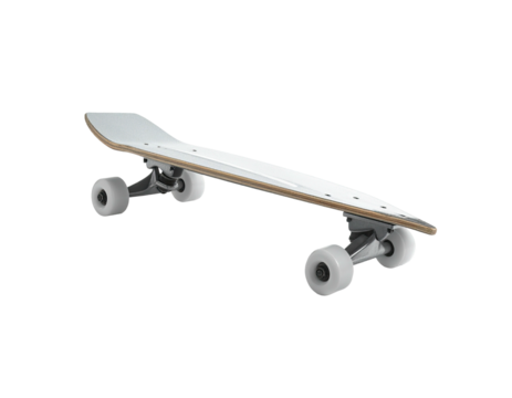 Angled shot of a white skateboard with grey trucks and white wheels