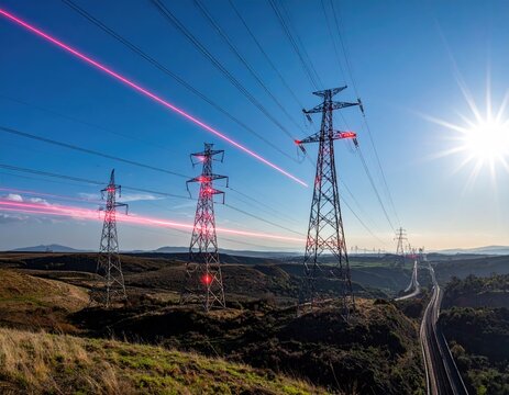 Towers traverse a bright landscape