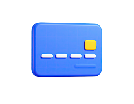 Rendered 3D credit card icon, blue body, black background, yellow chip, white lines