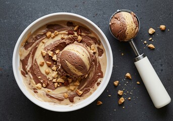 Chocolate and vanilla swirl ice cream in a white bowl topped with chopped nuts.