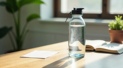 Refreshing Hydration Station  A Glass Water Bottle, Blank Paper, and Open Book on a Sunny Wooden Tabletop