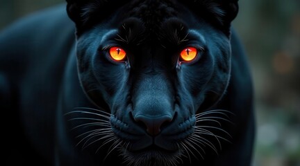 Intense Gaze of a Majestic Black Panther with Glowing Eyes in the Dark