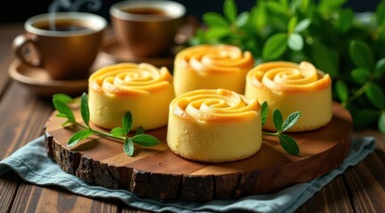 Delightful rosette-shaped cheesecakes arranged on a rustic wooden board, accompanied by steaming cups of coffee and fresh green sprigs
