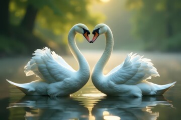 Two graceful swans forming a heart shape on serene water at sunrise