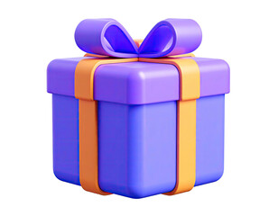 3D rendered illustration of a purple gift box with orange ribbon on black