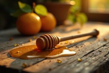Golden Honey Dripping from Wooden Dipper Beside Ripe Citrus Fruits on Rustic Wooden Surface at Sunset
