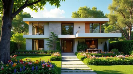 Modern two-story house with stone accents, balcony, and lush landscaping featuring colorful flowers and well-manicured lawn.