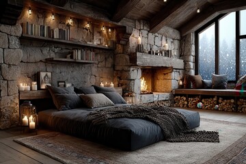 Cozy stone cabin bedroom interior with glowing fireplace, bookshelves, rustic beams, textured blankets, and snowy forest view