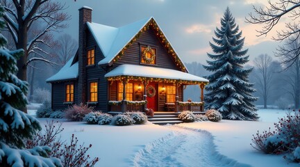 A charming winter scene of a cozy cottage adorned with festive lights, nestled amidst a snow-covered landscape, creating a picturesque holiday atmosphere.