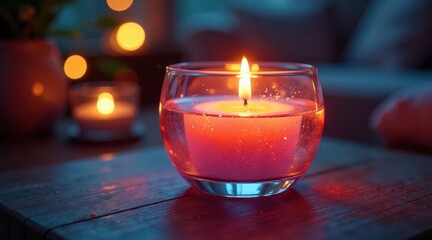 Romantic ambiance with a glowing candle in a glass holder, soft lighting, and a tranquil atmosphere