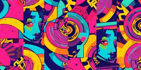 Abstract artwork featuring a partial face and geometric shapes in a vibrant color palette