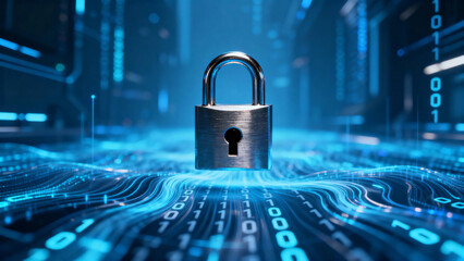 Digital lock on a futuristic circuit board with binary code and glowing data streams