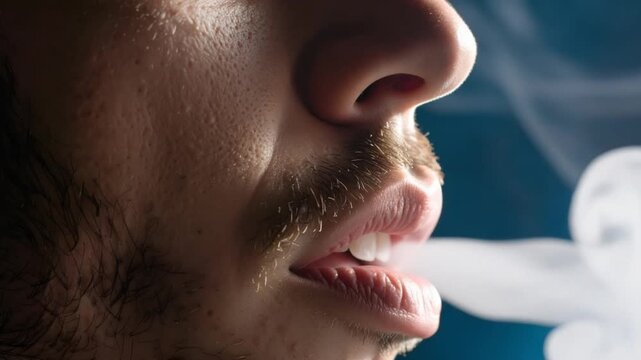 Closeup person exhaling vapor