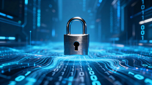 Digital lock on a futuristic circuit board with binary code and glowing data streams