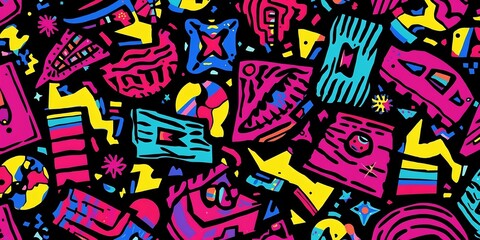 Vivid abstract geometric shapes in pink yellow blue colors scattered on a black background