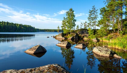 Bright lake scene with rocks pines and reflections