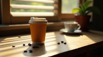 Morning sunlight illuminates a disposable coffee cup and scattered coffee beans on a wooden surface near a window with blinds