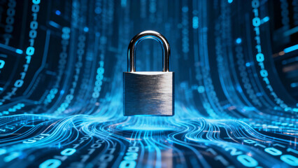 Digital padlock floating over a glowing binary data stream in a futuristic cyber environment