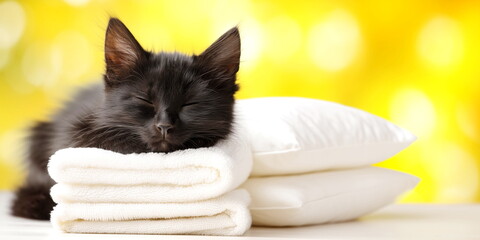 A cute black kitten fell asleep on soft terry towels next to the pillows. Ad for soft terry towels.