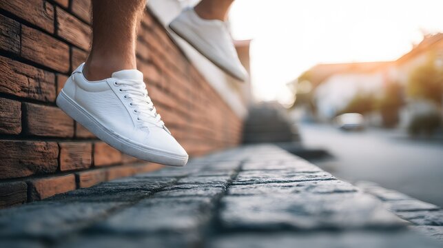 Focus on the fresh, white sneakers dangling above a brick wall, showcasing modern footwear and casual style, with a blurred background of a city street and sunlight, creating a lifestyle shot  - Powered by Adobe