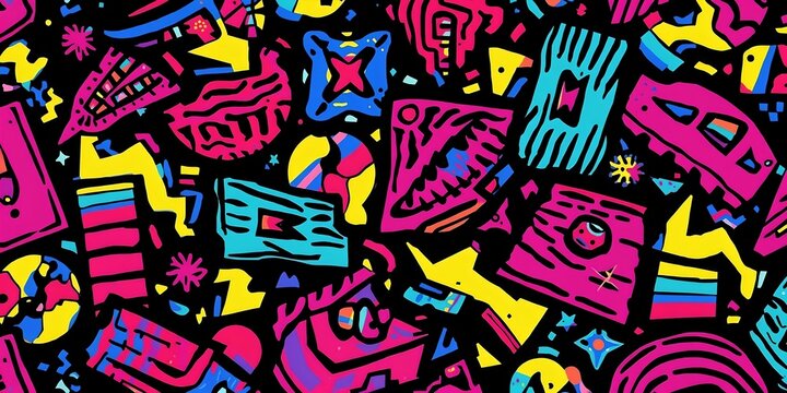 Vivid abstract geometric shapes in pink yellow blue colors scattered on a black background