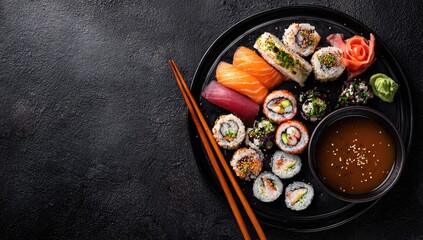 Assorted sushi and sashimi arranged on a dark platter with chopsticks and soy sauce, set against a dark background