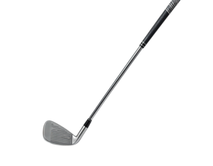 A metal golf club, angled, featuring a black grip and a silver head