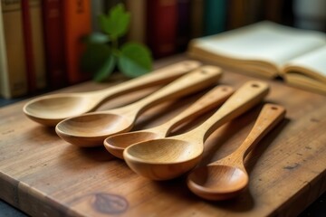 Wooden Spoons Resting on a Rustic Wooden Cutting Board Near a Stack of Books