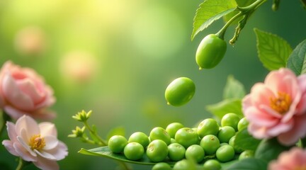 Serene Garden Scene Vibrant Green Fruits Falling Gently Onto a Lush Leaf, Surrounded by Delicate Pink Blossoms