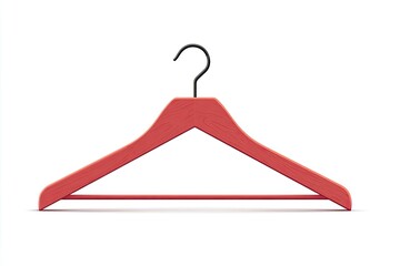 A coral-colored wooden clothes hanger with a dark metal hook, isolated on a white background, casts a subtle shadow