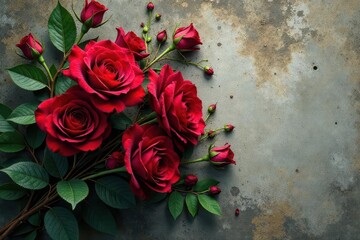 A lush bouquet of velvety crimson roses arranged artfully on a textured surface, showcasing their rich color and delicate details, offering a captivating floral display