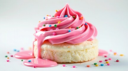 Delightful Pink Frosting Swirl Atop a Delicate Cake Base, Adorned with Colorful Sprinkles and a Drizzle of Sweetness