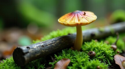 A vibrant yellow and red mushroom emerges from lush green moss, nestled beside a weathered log in a tranquil forest scene.