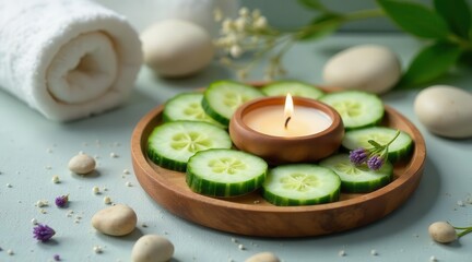Serene Spa Setting with Cucumber Slices, Aromatic Candle, and Soft Towels for Relaxation