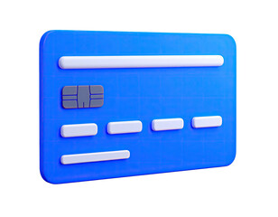 A blue, stylized 3D rendering of a credit card with a dark background