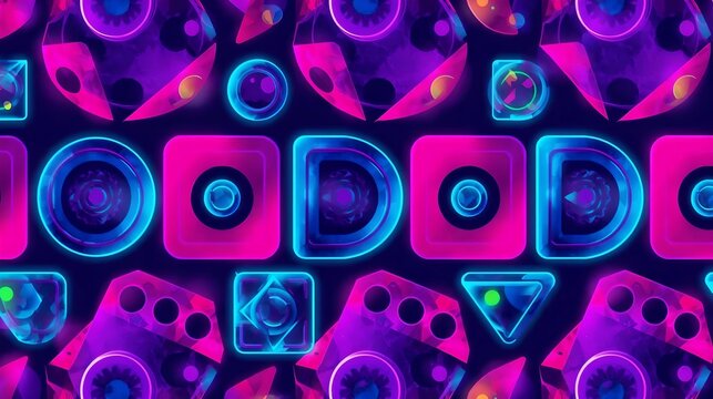 Abstract geometric shapes pattern with neon blue and pink glowing elements on a dark background