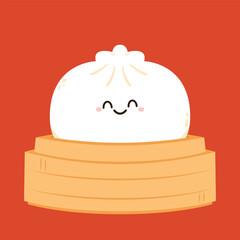 Cute Dim sum character, traditional Chinese dumplings, with funny smiling faces. Kawaii Asian food vector.