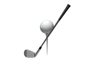 A golf ball on a tee, with a club angled across. Black background