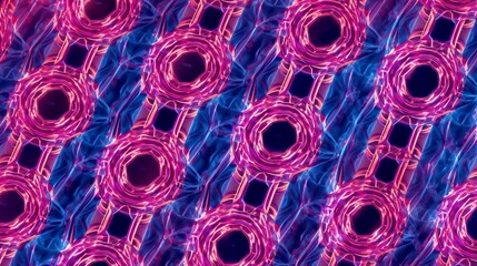 Repeating pattern of glowing pink circles and geometric shapes with a blue flowing effect