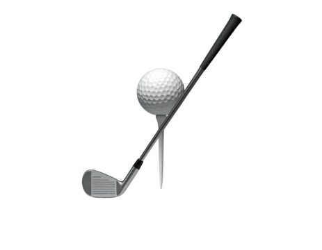 A golf ball on a tee, with a club angled across. Black background