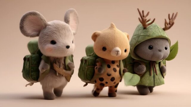 Three adorable plush creatures, a mouse, bear, and a cat-like animal, wear backpacks and jackets. The cat-like creature has antlers
