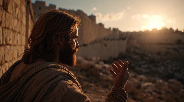 Jesus points his hand toward historic Jerusalem at sunset. Spiritual message with biblical concept for Christian art.	