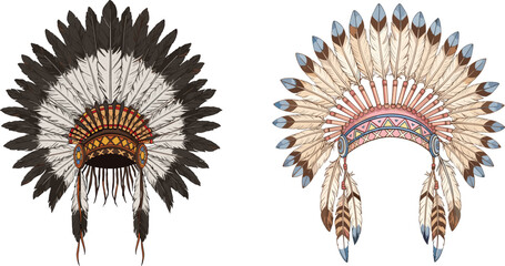 Native American tribal feather headdress illustration, ethnic ceremonial war bonnet, detailed traditional headgear, cultural decorative vector art, boho style design © Its Marjia's World