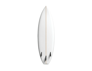 Overhead view of a white surfboard against a black background, fins included