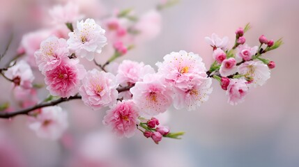 Obraz premium Delicate blossoms in varying shades of pink and white, form intricate clusters along slender branches, set against a soft, blurred backdrop, creating a dreamy, natural composition.