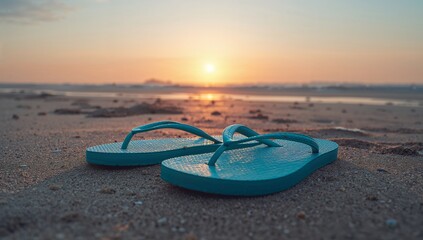 Blue flip flops rest on sandy beach during a vibrant sunset