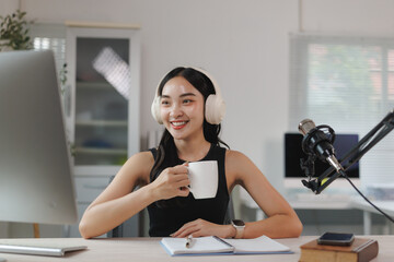 Young woman enjoying podcasting or streaming content