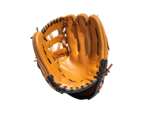 Close-up of a baseball glove, detailed stitching, and a well-worn appearance